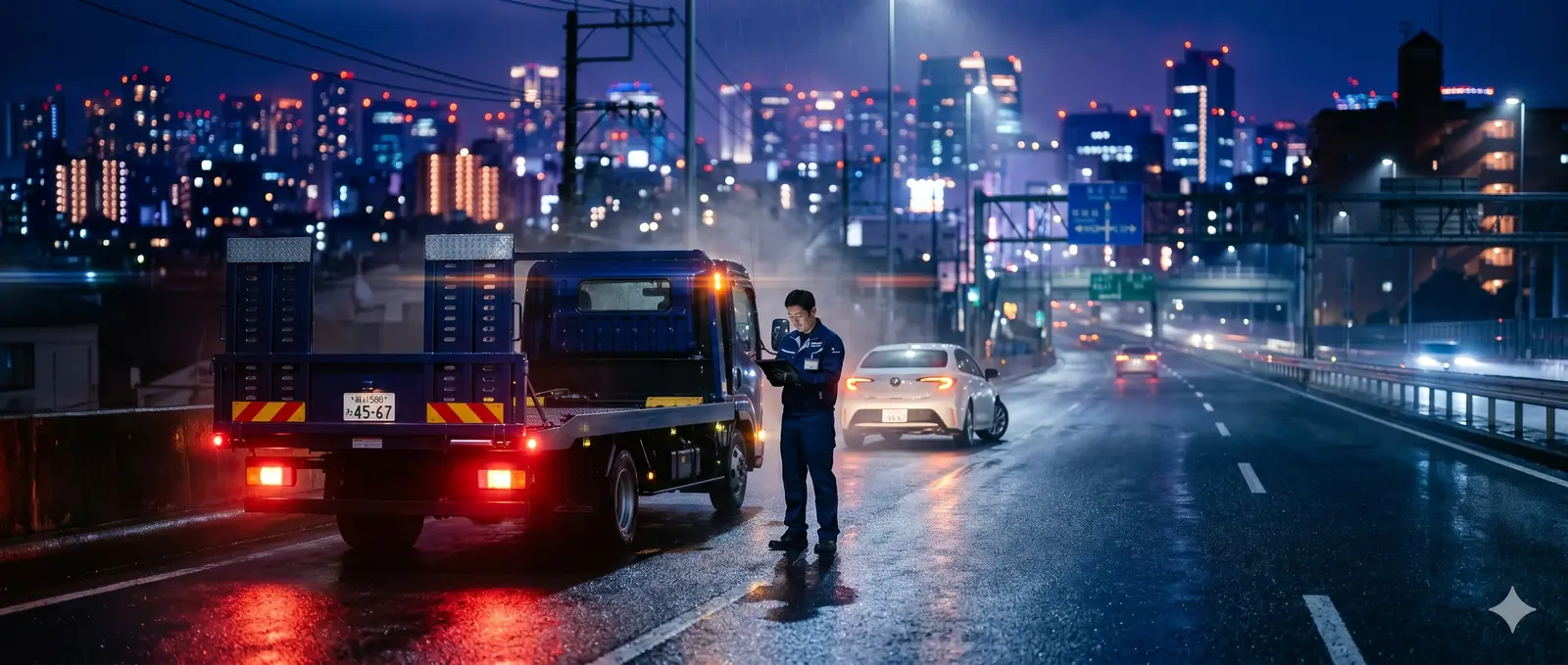 深夜の高速道路で立ち往生している車両とロードサービス現場